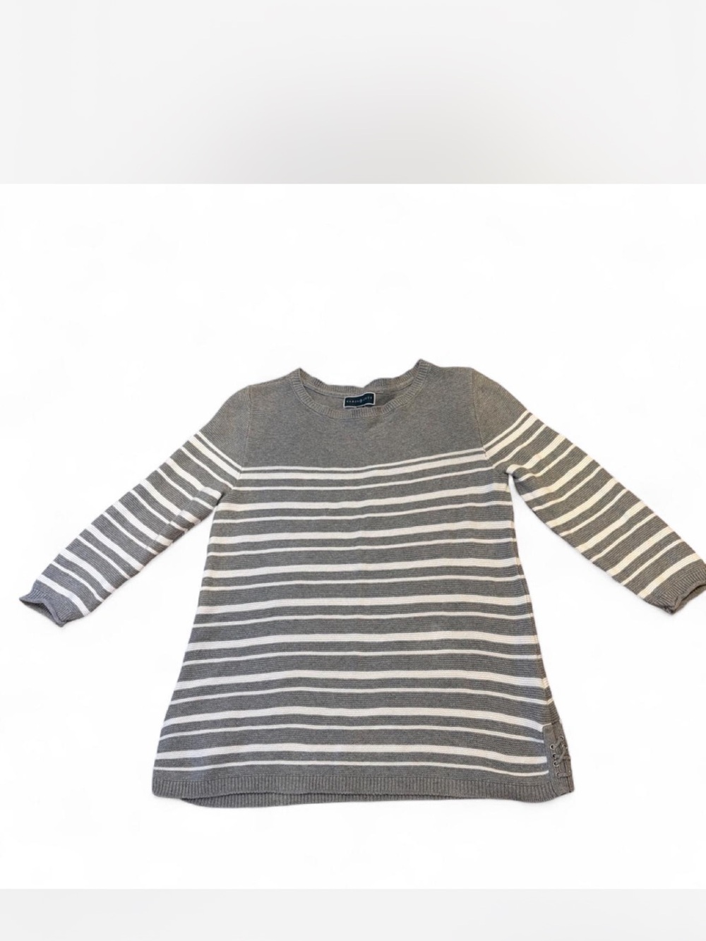 Karen Scott Gray and White Striped Crewneck Sweater